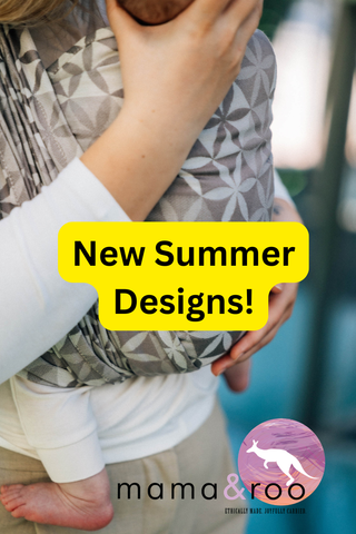 Text reads, "New Summer Designs! Mama & Roo's ethically made, joyfully carried". Photo of model wearing her baby in limited edition luxury fabric design long woven wrap Hexaflowers - Mirror - available at Mama & Roo's