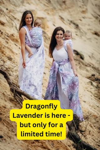 Mothers wearing their babies in limited edition luxury blend Dragonfly Lavender long woven wraps. Text reads, "Dragonfly Lavender is here - but only for a limited time!"