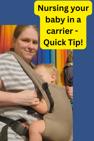 A mother nurses her toddler in a LennyLight soft structured carrier in design Peanut Butter, available at Mama & Roo's. Text reads, "Nursing your baby in a carrier - Quick Tip!"