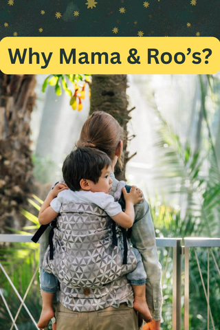 "Why Mama & Roo's?" includes a teaser photo of a child being back carrier in Hexaflowers- Mirror, which will be available in Mama & Roo's fall collection soon. Background is of Mama & Roo's exclusive design, "Miracle Constellations"
