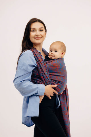 Long woven baby wrap in blue and red swirl design Rapunzel Swirl - limited edition