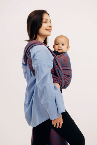 Long woven baby wrap in blue and red swirl design Rapunzel Swirl - limited edition