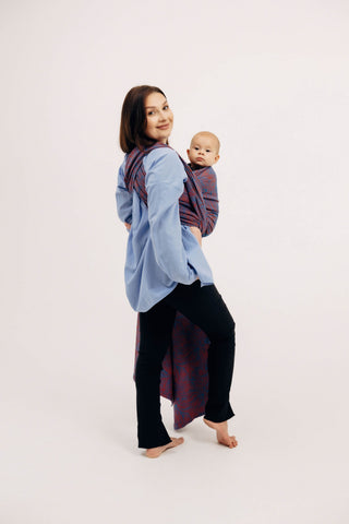 Long woven baby wrap in blue and red swirl design Rapunzel Swirl - limited edition