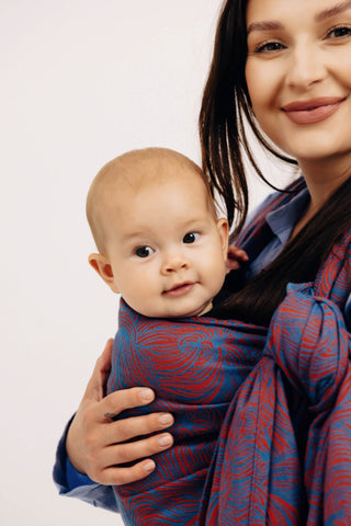 Long woven baby wrap in blue and red swirl design Rapunzel Swirl - limited edition