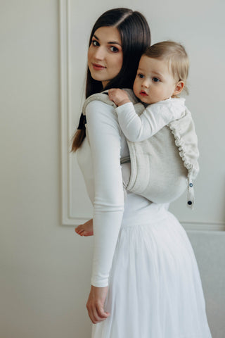 Onbuhimo waist-less wrap conversion baby backpack carrier in limited edition design Airy, in luxury cotton/hemp/lyocell blend. Side view closer