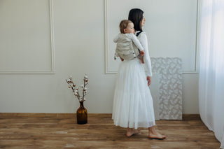 Onbuhimo waist-less wrap conversion baby backpack carrier in limited edition design Airy, in luxury cotton/hemp/lyocell blend. horizontal side view