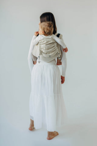 Onbuhimo waist-less wrap conversion baby backpack carrier in limited edition design Airy, in luxury cotton/hemp/lyocell blend. Back view with hood white background
