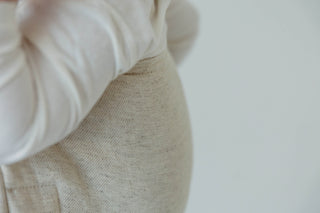 Onbuhimo waist-less wrap conversion baby backpack carrier in limited edition design Airy, in luxury cotton/hemp/lyocell blend. Close up of fabric on panel without hood
