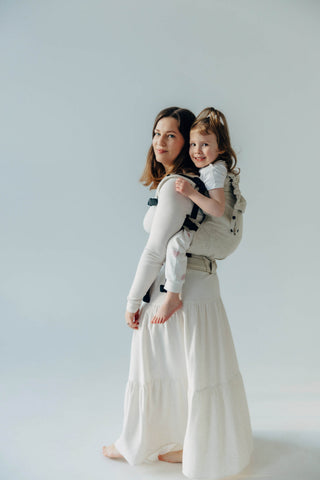 Preschool size soft structured baby backpack carrier in limited edition luxury fabric design Airy