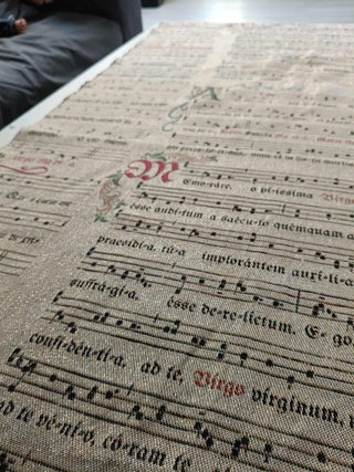 Flat lay of Gregorian Chant sample fabric