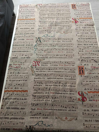 Flat lay of Gregorian Chant sample fabric