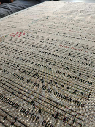 Flat lay of Gregorian Chant sample fabric