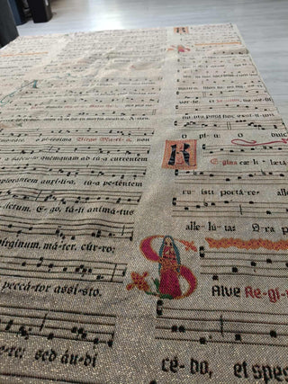 Flat lay of Gregorian Chant sample fabric