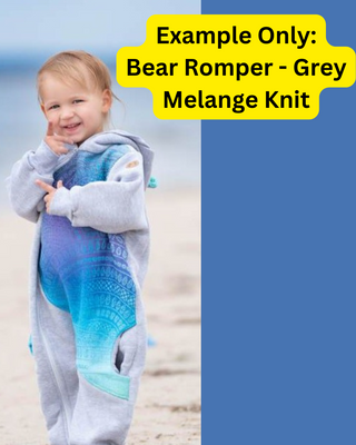 A sample image of a Bear Romper in Grey Melange Knit base - this is not the design you will receive, this is an example of what the item looks like. You will receive this item in the chosen preorder design for this listing.