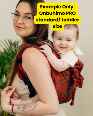 A sample image of an onbuhimo PRO in standard or toddler size - this is not the design you will receive, this is an example of what the carrier style looks like. You will receive this carrier in the chosen preorder design for this listing. Side view