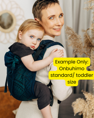A sample image of an onbuhimo in standard or toddler size - this is not the design you will receive, this is an example of what the carrier style looks like. You will receive this carrier in the chosen preorder design for this listing