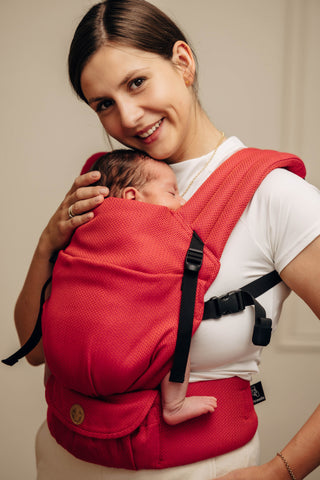 LennyLight wrap conversion soft structured baby backpack carrier (SSC) for children from newborn to 3yrs+ in woven cotton design Sedona, a red and orange herringbone weave