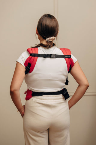 LennyLight wrap conversion soft structured baby backpack carrier (SSC) for children from newborn to 3yrs+ in woven cotton design Sedona, a red and orange herringbone weave