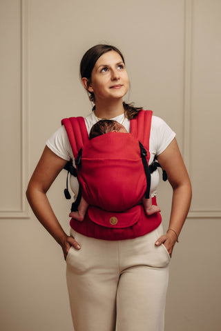 LennyLight wrap conversion soft structured baby backpack carrier (SSC) for children from newborn to 3yrs+ in woven cotton design Sedona, a red and orange herringbone weave