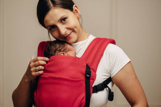 LennyLight wrap conversion soft structured baby backpack carrier (SSC) for children from newborn to 3yrs+ in woven cotton design Sedona, a red and orange herringbone weave