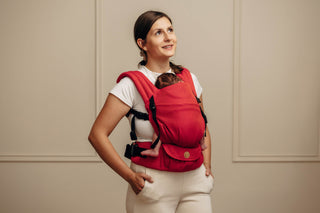 LennyLight wrap conversion soft structured baby backpack carrier (SSC) for children from newborn to 3yrs+ in woven cotton design Sedona, a red and orange herringbone weave