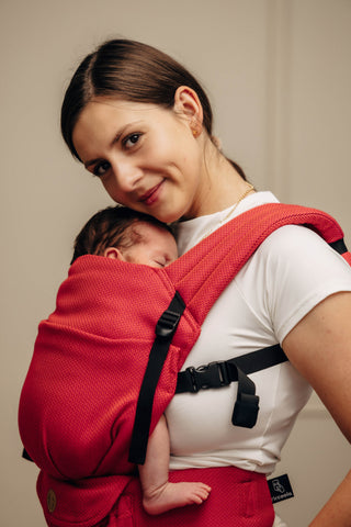 LennyLight wrap conversion soft structured baby backpack carrier (SSC) for children from newborn to 3yrs+ in woven cotton design Sedona, a red and orange herringbone weave