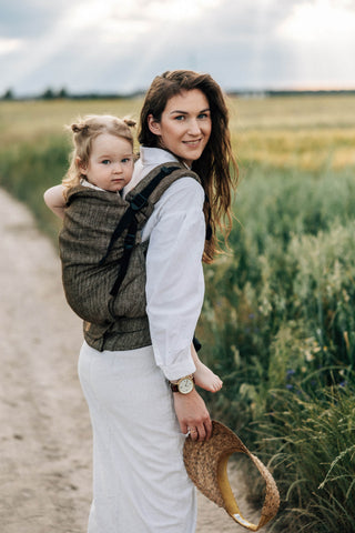 Preschool size wrap conversion soft structured baby backpack carrier (SSC) in linen luxury design Arrow - Wood, a beautiful deep forest brown with subtle chevron weaving pattern