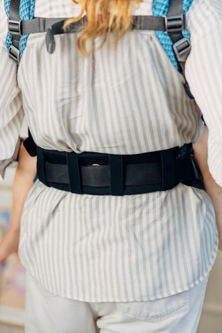 Maxi Lumbar Support Pad for extending waistband padding on baby carriers - shown on baby backpack SSC carrier