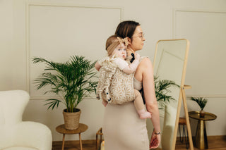 Wrap conversion waist-less onbuhimo baby backpack carrier Onbuhimo PRO in cotton and bamboo luxury design Infinity Golden Hour.