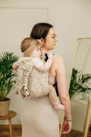 Wrap conversion waist-less onbuhimo baby backpack carrier Onbuhimo PRO in cotton and bamboo luxury design Infinity Golden Hour.