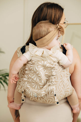 Wrap conversion waist-less onbuhimo baby backpack carrier Onbuhimo PRO in cotton and bamboo luxury design Infinity Golden Hour.