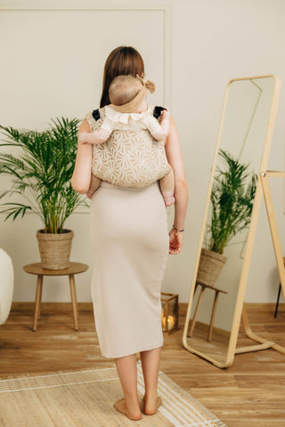 Wrap conversion waist-less onbuhimo baby backpack carrier Onbuhimo PRO in cotton and bamboo luxury design Infinity Golden Hour.