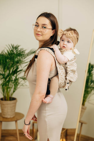 Wrap conversion waist-less onbuhimo baby backpack carrier Onbuhimo PRO in cotton and bamboo luxury design Infinity Golden Hour.