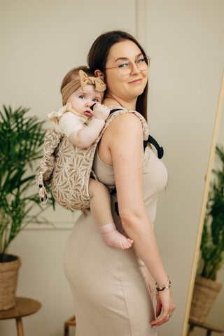 Wrap conversion waist-less onbuhimo baby backpack carrier Onbuhimo PRO in cotton and bamboo luxury design Infinity Golden Hour.