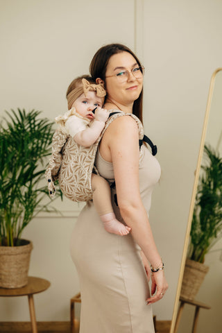 Wrap conversion waist-less onbuhimo baby backpack carrier Onbuhimo PRO in cotton and bamboo luxury design Infinity Golden Hour.
