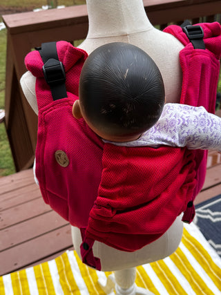 Wrap conversion waist-less onbuhimo baby backpack carrier available in 2 sizes for children from 6mon to 3 years old in cotton woven design Sedona, a herringbone weave in red and orange