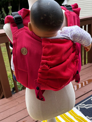 Wrap conversion waist-less onbuhimo baby backpack carrier available in 2 sizes for children from 6mon to 3 years old in cotton woven design Sedona, a herringbone weave in red and orange