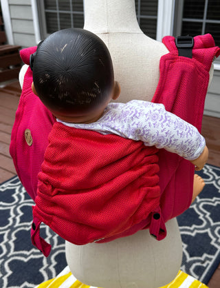 Wrap conversion waist-less onbuhimo baby backpack carrier available in 2 sizes for children from 6mon to 3 years old in cotton woven design Sedona, a herringbone weave in red and orange