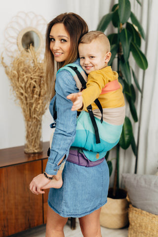 Preschool size wrap conversion soft structured baby backpack carrier (SSC) in cotton woven design Pastels, a beautiful muted stripe pattern in a broken twill weave