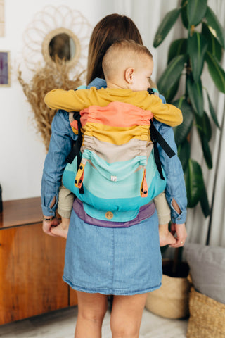 Preschool size wrap conversion soft structured baby backpack carrier (SSC) in cotton woven design Pastels, a beautiful muted stripe pattern in a broken twill weave