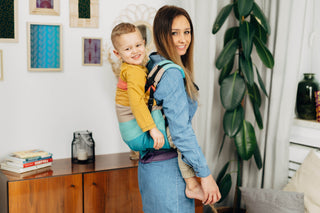 Preschool size wrap conversion soft structured baby backpack carrier (SSC) in cotton woven design Pastels, a beautiful muted stripe pattern in a broken twill weave