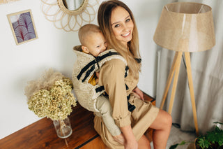 Preschool size wrap conversion soft structured baby backpack carrier (SSC) in bamboo / cotton luxury design Infinity Golden Hour