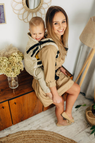 Preschool size wrap conversion soft structured baby backpack carrier (SSC) in bamboo / cotton luxury design Infinity Golden Hour