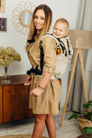 Preschool size wrap conversion soft structured baby backpack carrier (SSC) in bamboo / cotton luxury design Infinity Golden Hour