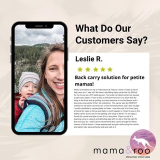 Onbuhimo Pro - Airglow Review Card saying "Back carry solution for petite mamas!" Waistless, soft structured, baby wearing, baby carrier. Features photo of a parent wearing her baby on her back with the Yellowstone Mountains in the background. 5 star icons. Text reads, ""
