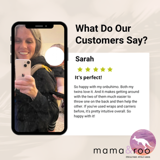 Onbuhimo Pro - Pastel Review Card saying "It's Perfect!" Waistless, soft structured, baby wearing, baby carrier.