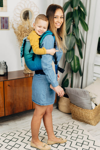 Preschool size soft structured baby backpack carrier in print Airglow